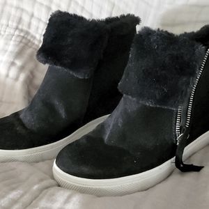 Brash Black Wedge Faux Fur Ankle Boots